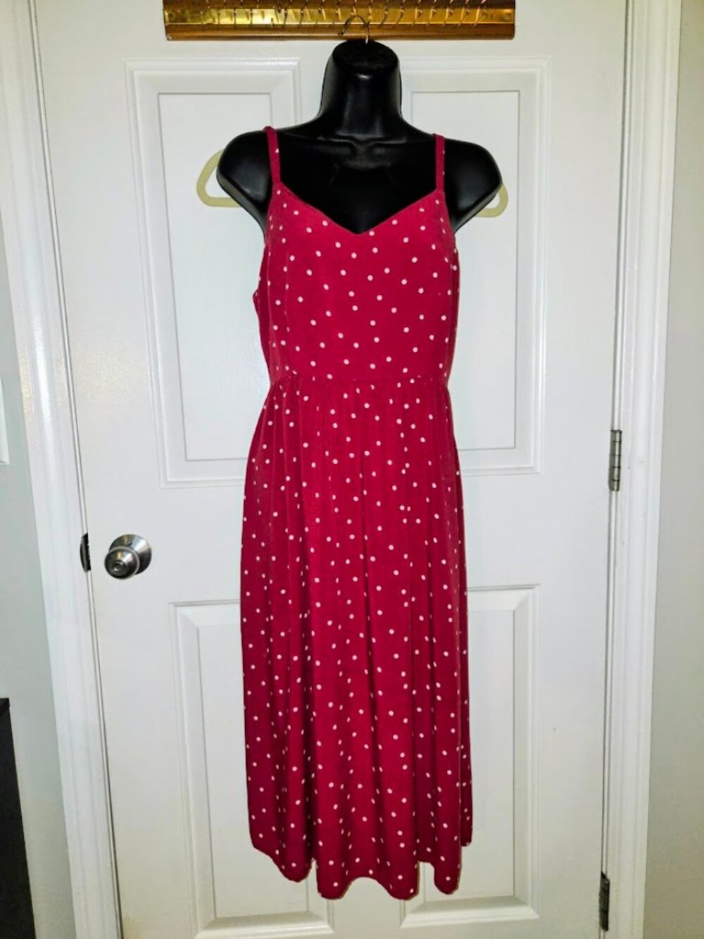 Old Navy Red Polka Dot V-Neck Cami Midi Dress Adjustable Straps Pockets Size M